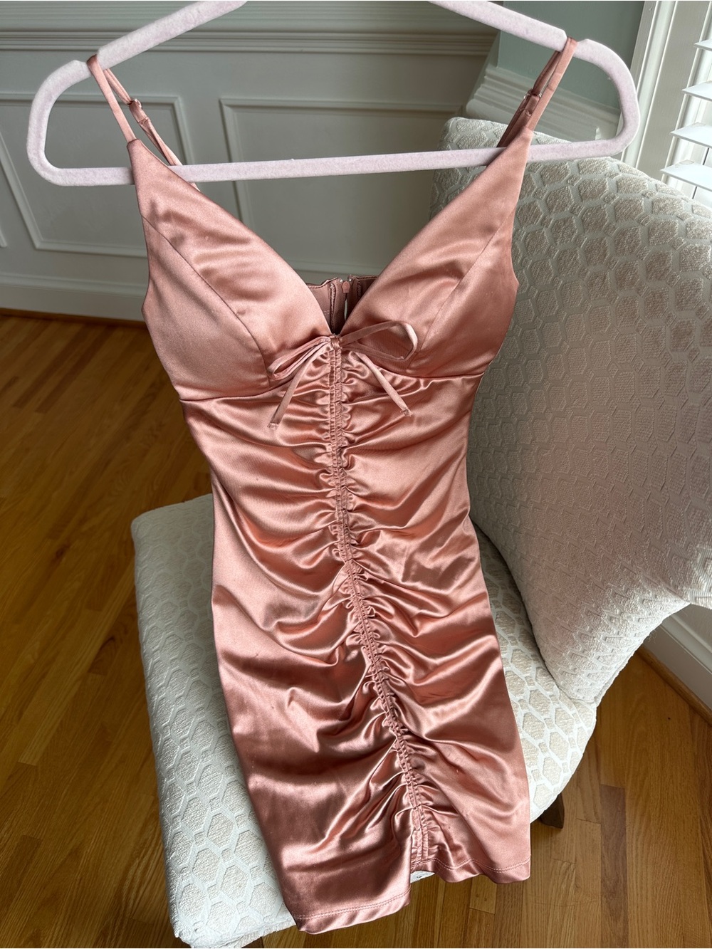 Honey and Rosie Satin Ruched Mini Dress in Dusty Rose